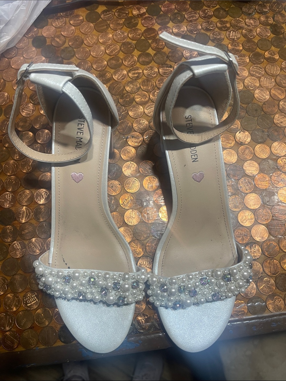 Steve Madden White Pearl Embellished Ankle Strap Heels